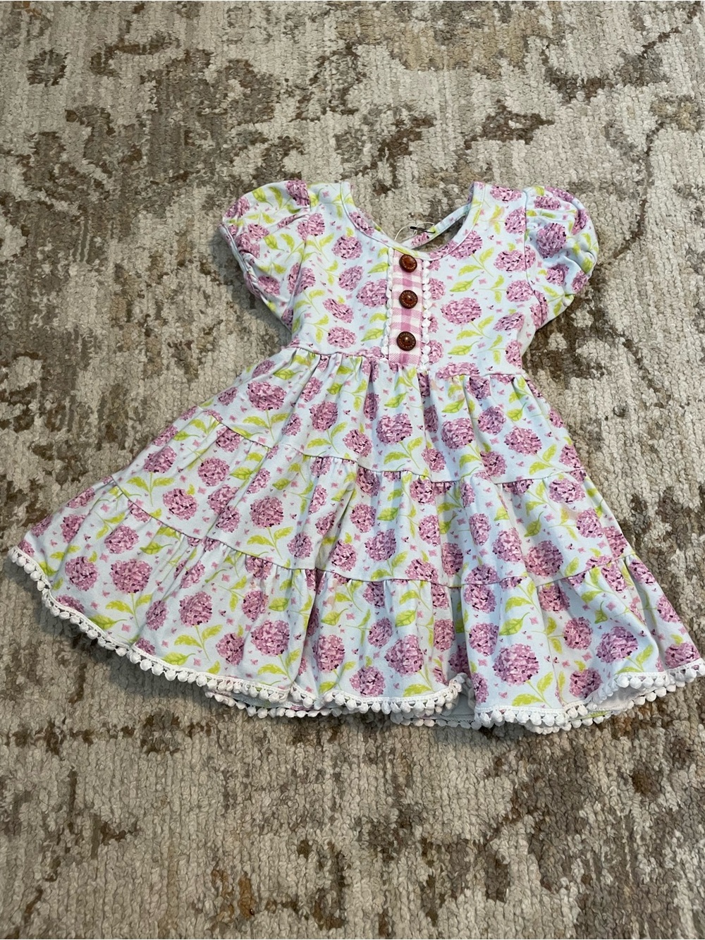 Girls hydrangea Floral Tiered Dress with Pom Trim